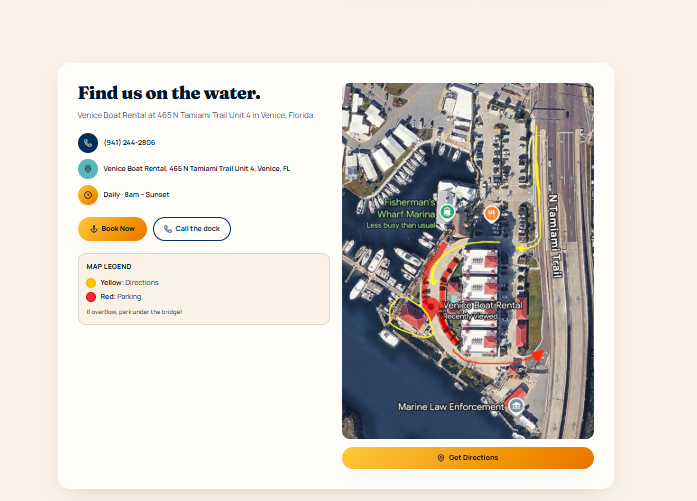 Map showing directions and parking at Fisherman's Wharf Marina for Venice Island Boat Tours