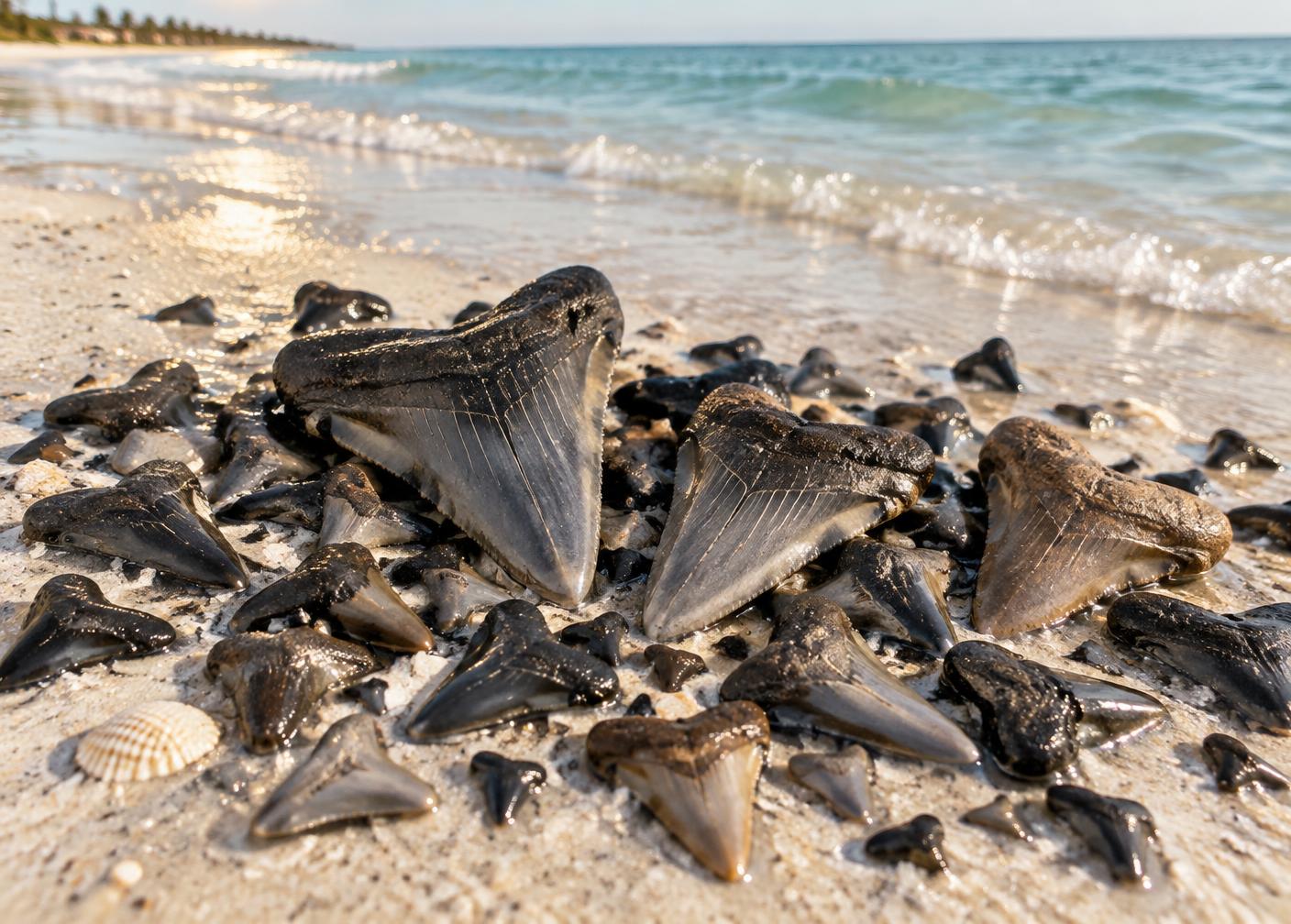 Fossilized megalodon and shark teeth scattered on wet white sand near clear turquoise Gulf water in Venice, Florida